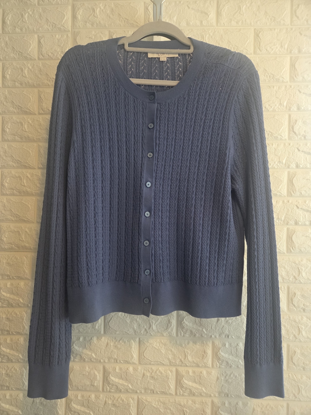 LOFT Navy Cable-Knit Button-Front Cardigan